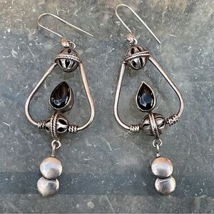 Old Sterling Silver Onyx Teardrop Dangle Earrings Southwestern Heavy 925